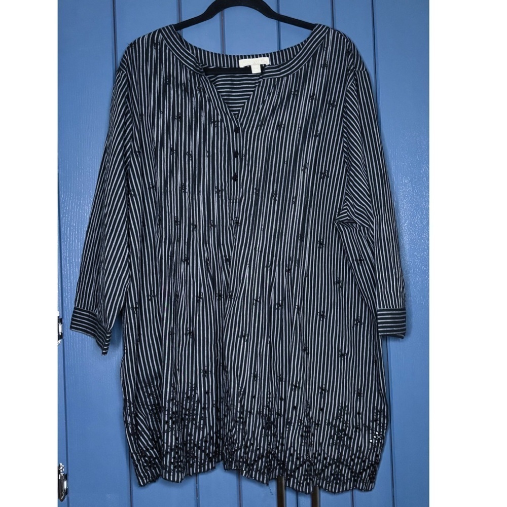 New Woman Within Black Gray Striped Floral Eyelet Tunic Shirt 22 / 24 Whimsigoth